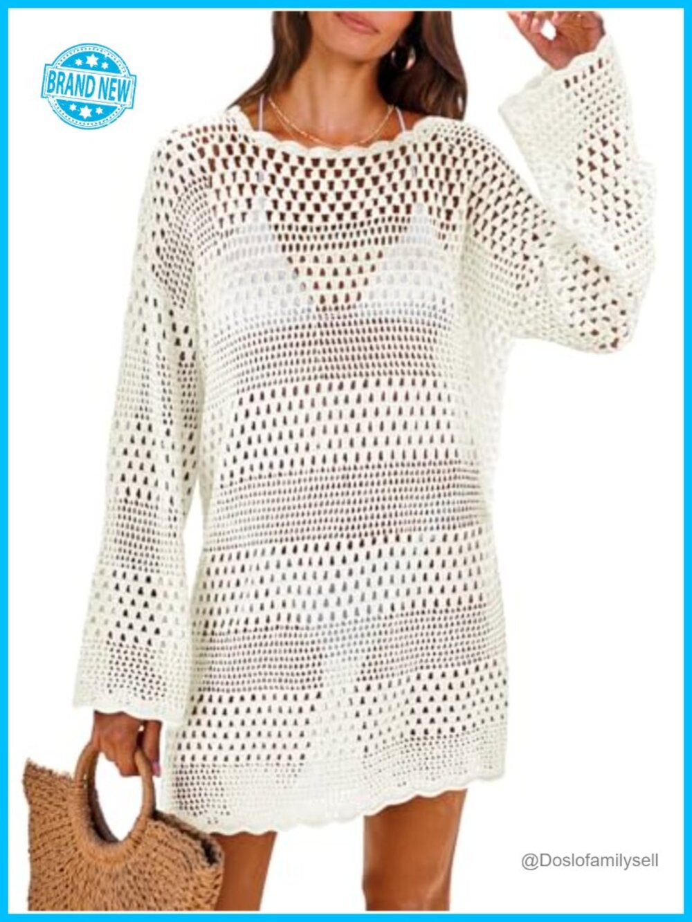 Women Crochet Swim Cover Up Hollow Out Bell Sleeve Mini Beach Dress